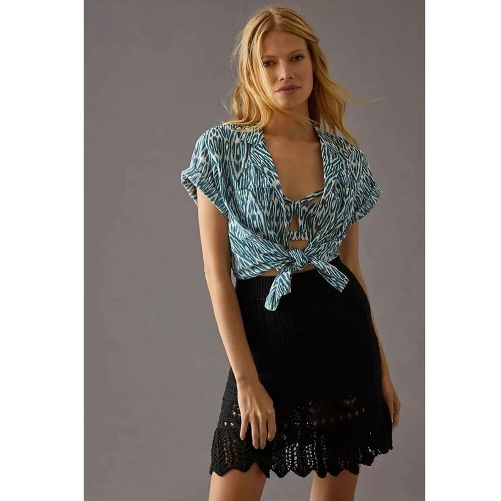Anthropologie Pilcro Printed Voile Surf Shirt Blue Button Down Sz S